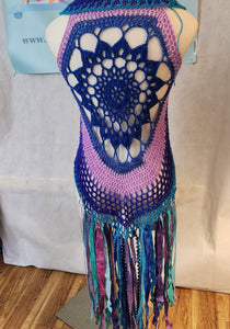 Fae Vest with Fringe Small Medium Blue Aqua Purple with Fringe Boho Festival Wear Hand Crochet