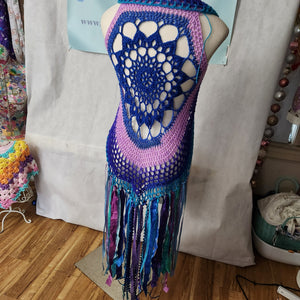 Fae Vest with Fringe Small Medium Blue Aqua Purple with Fringe Boho Festival Wear Hand Crochet