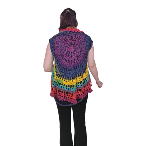 Circle, Mandala Vest, Acrylic Yarn, Casual, Coverup, Colorful, Hand Crochet, Music Festival, Hippie, Small