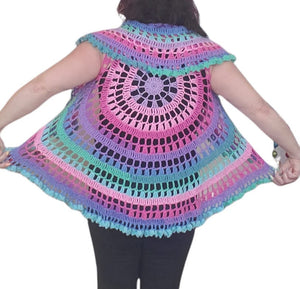 Circle, Mandala Vest, Acrylic Yarn, Sparkle, Pastel colors, Small, Casual, Coverup, Hand Crochet, Music Festival, Hippie