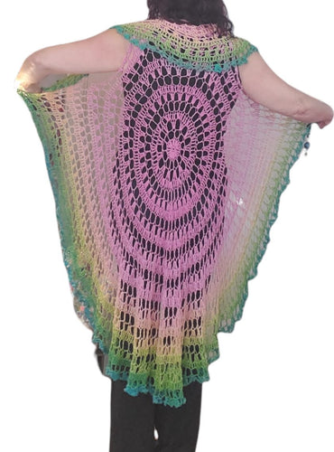Mandala Long Circle Vest, Hand Crochet, Coverup, Cotton Yarn, One size fits Most up to a L, fashionable, Hippie, Boho,