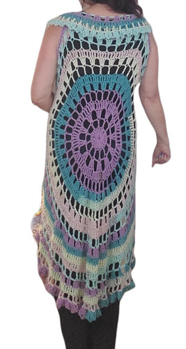 Long Mandala Circle Vest Acrylic Yarn, Hand Crochet, Coverup, One size fits Most, fashionable, Hippie, Boho,