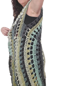 Mandala Long Circle Vest, Acrylic Yarn, Hand Crochet, Coverup, Greens, One size fits Most up to an XL, fashionable, Hippie, Boho,