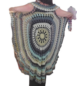 Mandala Long Circle Vest, Acrylic Yarn, Hand Crochet, Coverup, Greens, One size fits Most up to an XL, fashionable, Hippie, Boho,