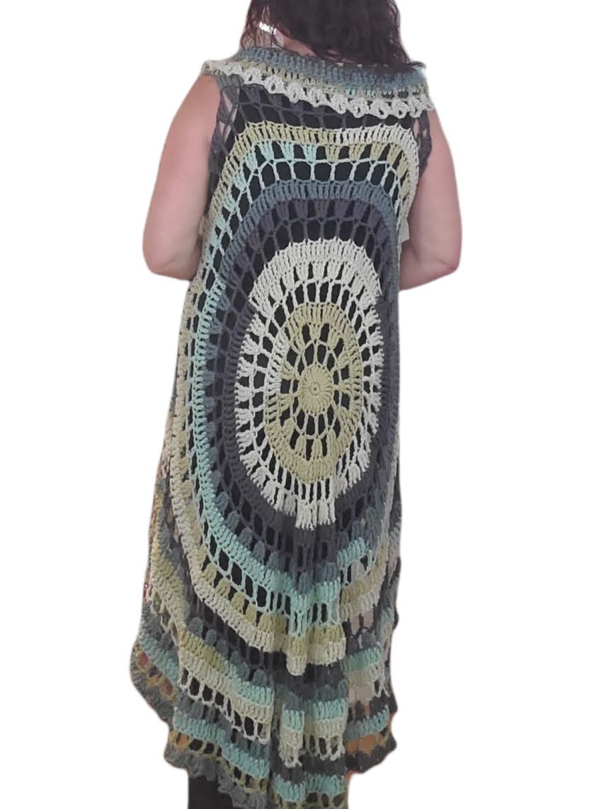 Mandala Long Circle Vest, Acrylic Yarn, Hand Crochet, Coverup, Greens, One size fits Most up to an XL, fashionable, Hippie, Boho,