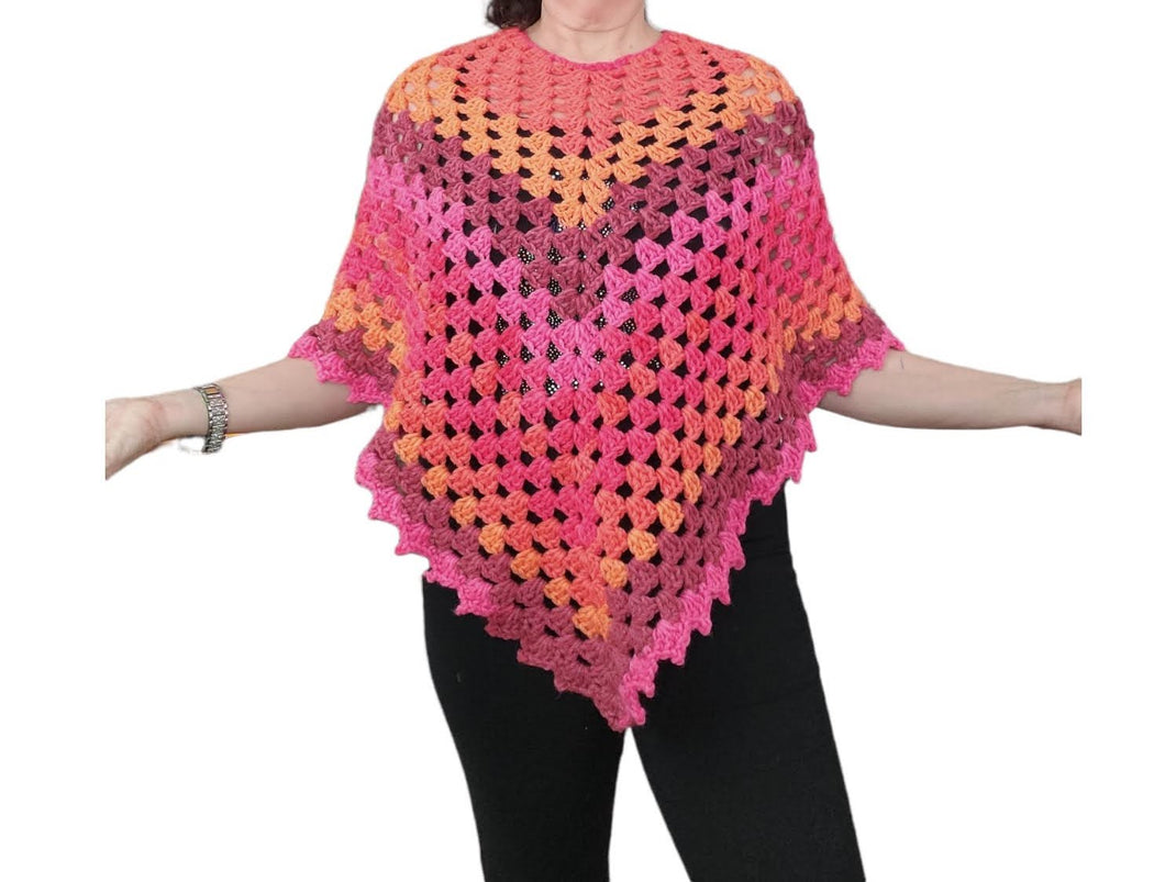 Poncho - Medium, Boho, Hippie, Retro, Coral