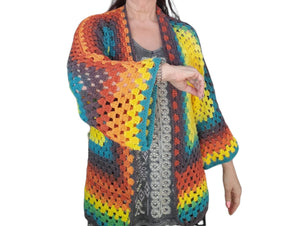 Cardigan, Sweater, Oversized, One size fits most, Acrylic Yarn, Colorful, Rainbow