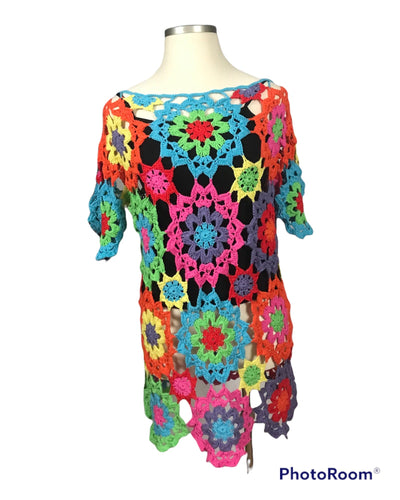 Flower Tunic Top Hand Crochet Cotton Blend Large colorful boho Hippy Festival comfortable